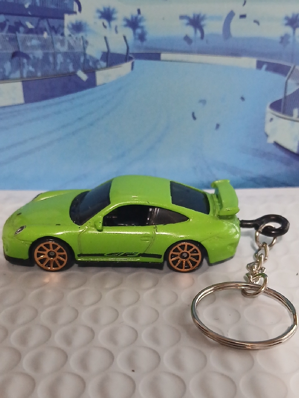 Lime Green Porsche 911 GT3 RS Keychain with Gold Wheels